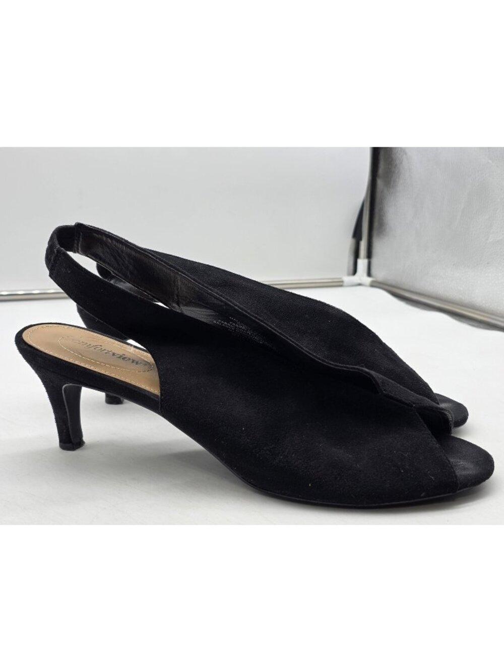Comfortview Shoes Womens Size 12 Black Mallory Slingback Peep Toe Heels Stains